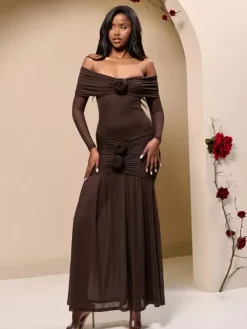 Party Dress Maxi Red Off-The-Shoulder Pleated Long Sleeves Clothes Elegant Semi Formal Dress