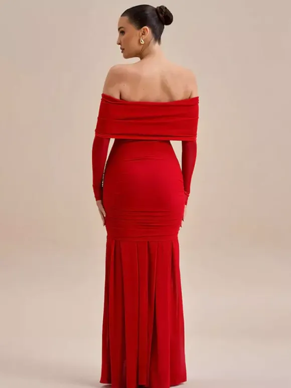 Party Dress Maxi Red Off-The-Shoulder Pleated Long Sleeves Clothes Elegant Semi Formal Dress