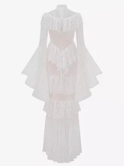 Party Dress Maxi White Stand Collar Lace Long Sleeves Shaping Flared Sleeves Chic Semi Formal Dress