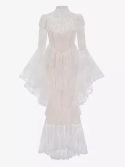 Party Dress Maxi White Stand Collar Lace Long Sleeves Shaping Flared Sleeves Chic Semi Formal Dress