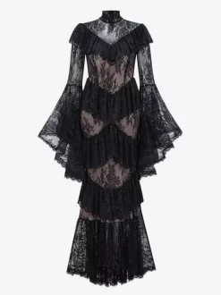 Party Dress Maxi White Stand Collar Lace Long Sleeves Shaping Flared Sleeves Chic Semi Formal Dress