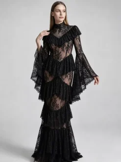 Party Dress Maxi White Stand Collar Lace Long Sleeves Shaping Flared Sleeves Chic Semi Formal Dress