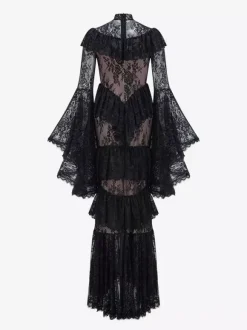 Party Dress Maxi White Stand Collar Lace Long Sleeves Shaping Flared Sleeves Chic Semi Formal Dress