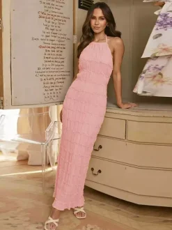 Party Dress Maxi Yellow Halter Pleated Sleeveless Backless Elegant Semi Formal Dress