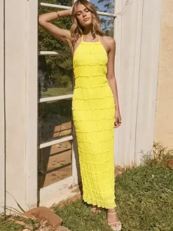 Party Dress Maxi Yellow Halter Pleated Sleeveless Backless Elegant Semi Formal Dress
