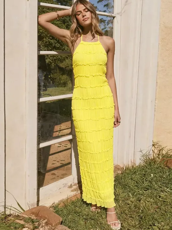 Party Dress Maxi Yellow Halter Pleated Sleeveless Backless Elegant Semi Formal Dress