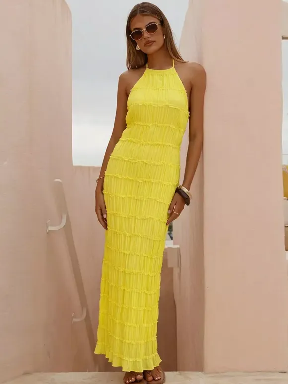 Party Dress Maxi Yellow Halter Pleated Sleeveless Backless Elegant Semi Formal Dress