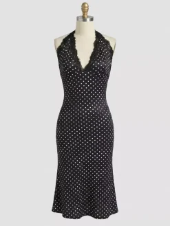 Party Dress Midi Black Halter Sleeveless Polka Dot Semi Formal Summer Dress