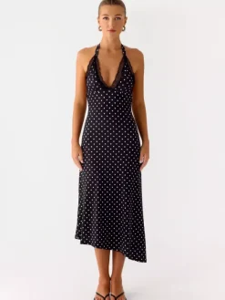 Party Dress Midi Black Halter Sleeveless Polka Dot Semi Formal Summer Dress