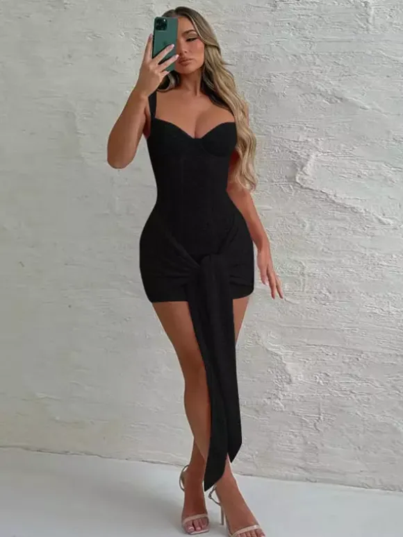 Party Dress Mini Black Straps Neck Lace Sleeveless Backless Casual Semi Formal Dress