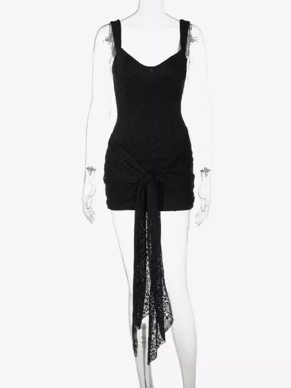 Party Dress Mini Black Straps Neck Lace Sleeveless Backless Casual Semi Formal Dress