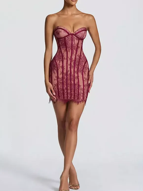 Party Dress Mini Burgundy Strapless Lace Up Sleeveless Backless Sexy Semi Formal Dress