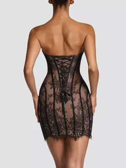 Party Dress Mini Burgundy Strapless Lace Up Sleeveless Backless Sexy Semi Formal Dress