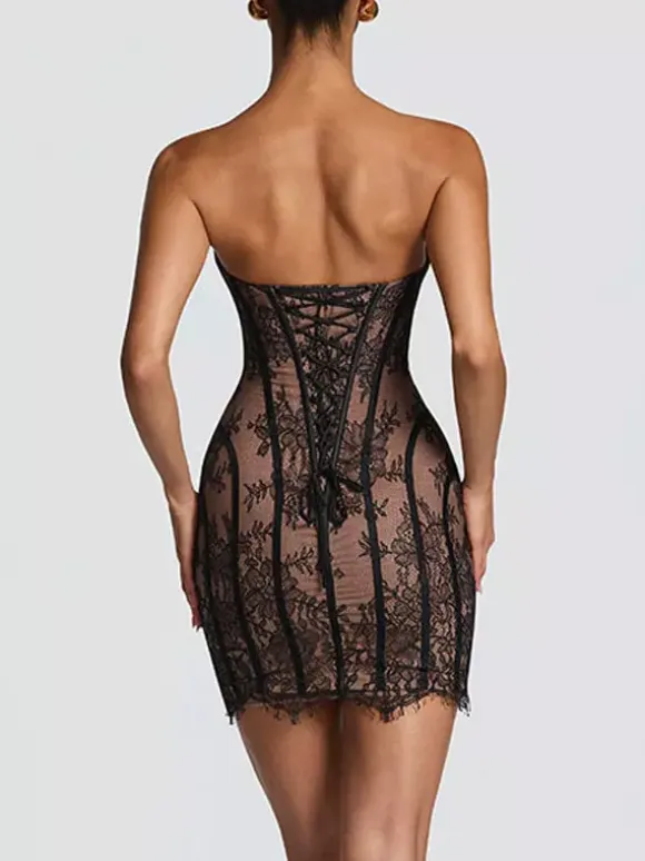 Party Dress Mini Burgundy Strapless Lace Up Sleeveless Backless Sexy Semi Formal Dress