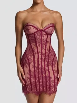 Party Dress Mini Burgundy Strapless Lace Up Sleeveless Backless Sexy Semi Formal Dress