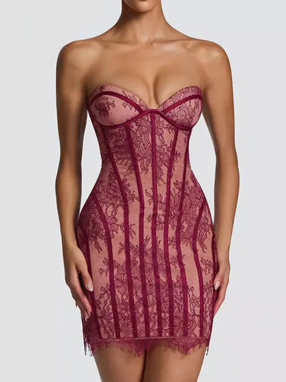 Party Dress Mini Burgundy Strapless Lace Up Sleeveless Backless Sexy Semi Formal Dress