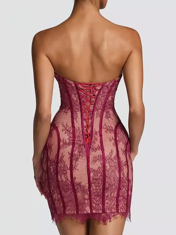 Party Dress Mini Burgundy Strapless Lace Up Sleeveless Backless Sexy Semi Formal Dress
