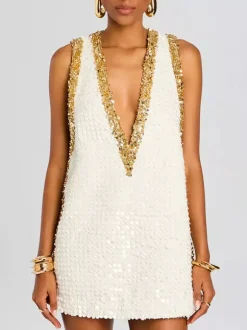 Party Dress Mini Gold V-Neck Sequins Sleeveless Sexy Semi Formal Dress