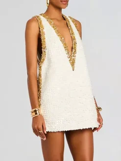 Party Dress Mini Gold V-Neck Sequins Sleeveless Sexy Semi Formal Dress