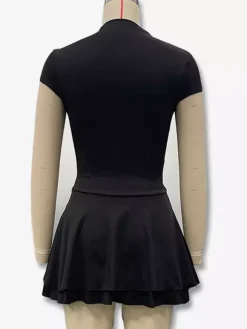 Party Dress Mini Khaki High Collar Pleated Short Sleeves Clothes Sexy Semi Formal Dress