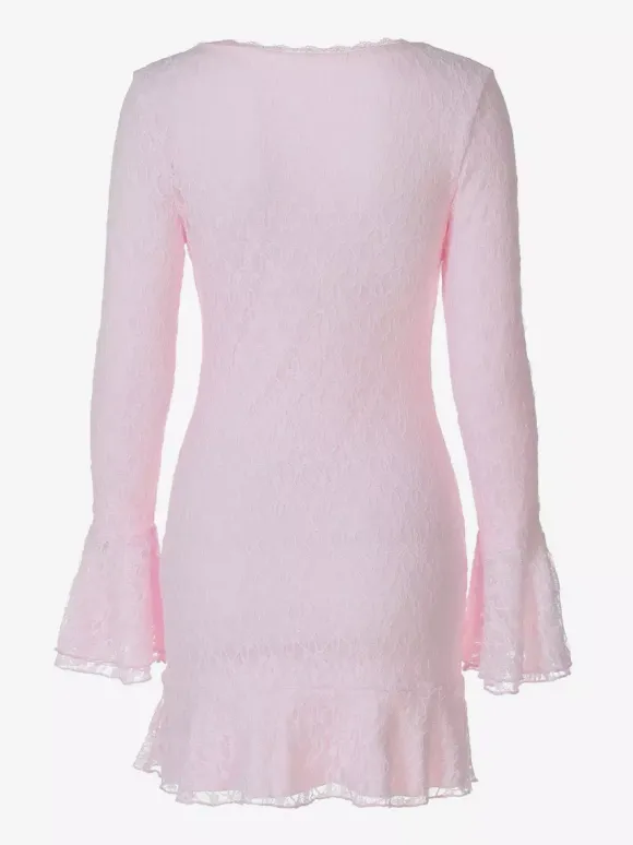 Party Dress Mini Pink V-Neck Lace Long Sleeves Pleated Sweet Semi Formal Dress