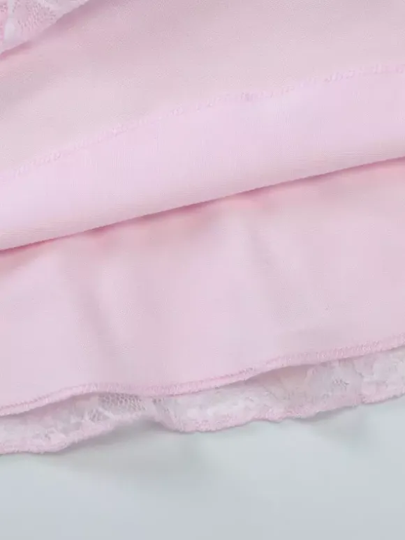 Party Dress Mini Pink V-Neck Lace Long Sleeves Pleated Sweet Semi Formal Dress