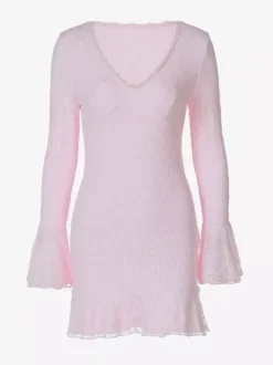 Party Dress Mini Pink V-Neck Lace Long Sleeves Pleated Sweet Semi Formal Dress