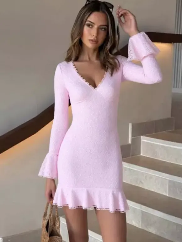 Party Dress Mini Pink V-Neck Lace Long Sleeves Pleated Sweet Semi Formal Dress