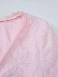 Party Dress Mini Pink V-Neck Lace Long Sleeves Pleated Sweet Semi Formal Dress