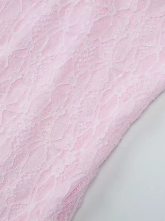 Party Dress Mini Pink V-Neck Lace Long Sleeves Pleated Sweet Semi Formal Dress