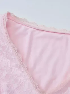 Party Dress Mini Pink V-Neck Lace Long Sleeves Pleated Sweet Semi Formal Dress