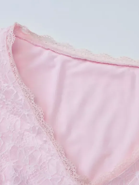 Party Dress Mini Pink V-Neck Lace Long Sleeves Pleated Sweet Semi Formal Dress