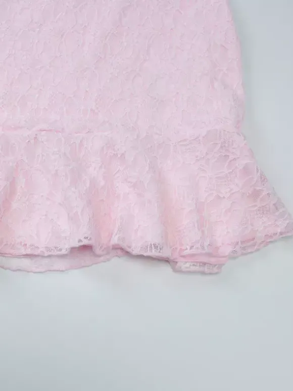 Party Dress Mini Pink V-Neck Lace Long Sleeves Pleated Sweet Semi Formal Dress