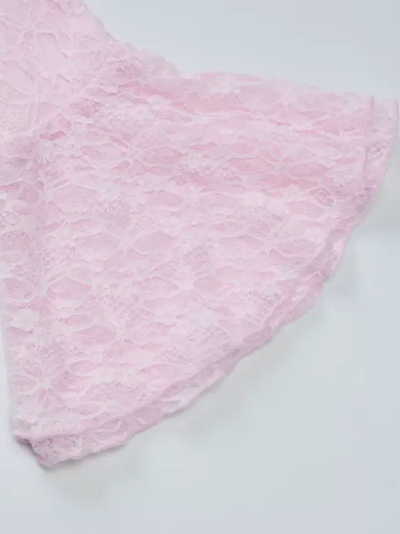 Party Dress Mini Pink V-Neck Lace Long Sleeves Pleated Sweet Semi Formal Dress