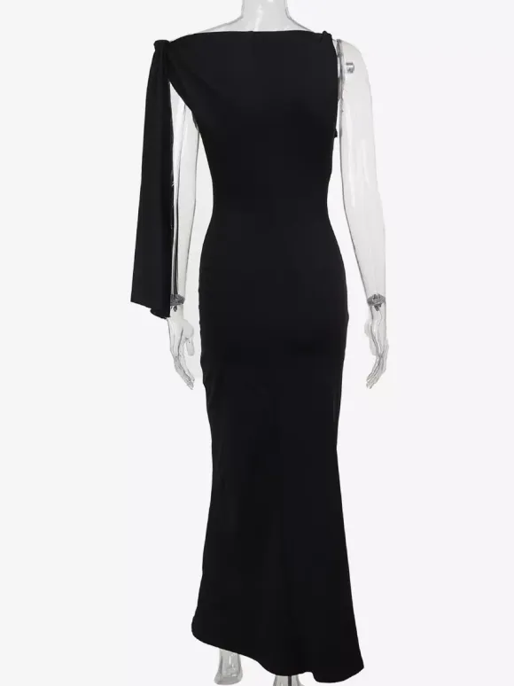 Party Dresses Black Cream Off Shoulder Mermaid Maxi Dress Sash Tie Long Sleeve Evening Gown