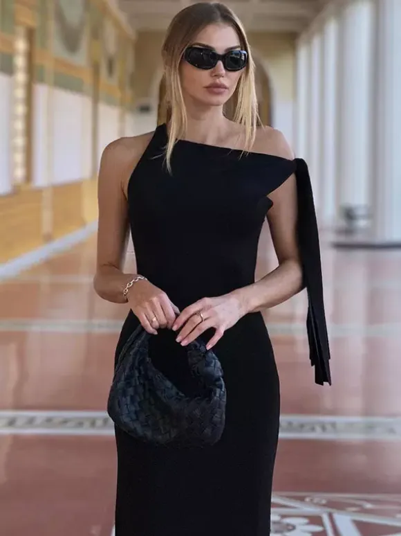 Party Dresses Black Cream Off Shoulder Mermaid Maxi Dress Sash Tie Long Sleeve Evening Gown