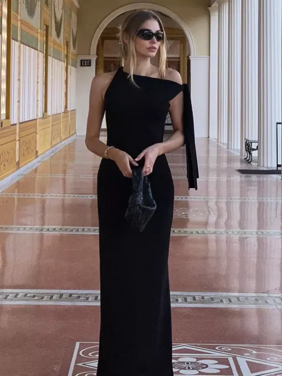 Party Dresses Black Cream Off Shoulder Mermaid Maxi Dress Sash Tie Long Sleeve Evening Gown