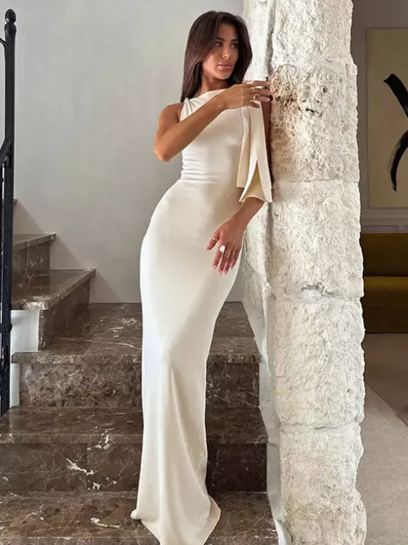Party Dresses Black Cream Off Shoulder Mermaid Maxi Dress Sash Tie Long Sleeve Evening Gown