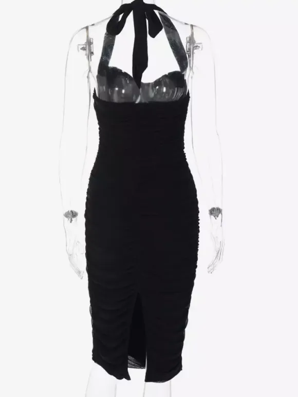 Party Dresses Black Halter Sweetheart Ruched Split Midi Dress Night Club City Outfit