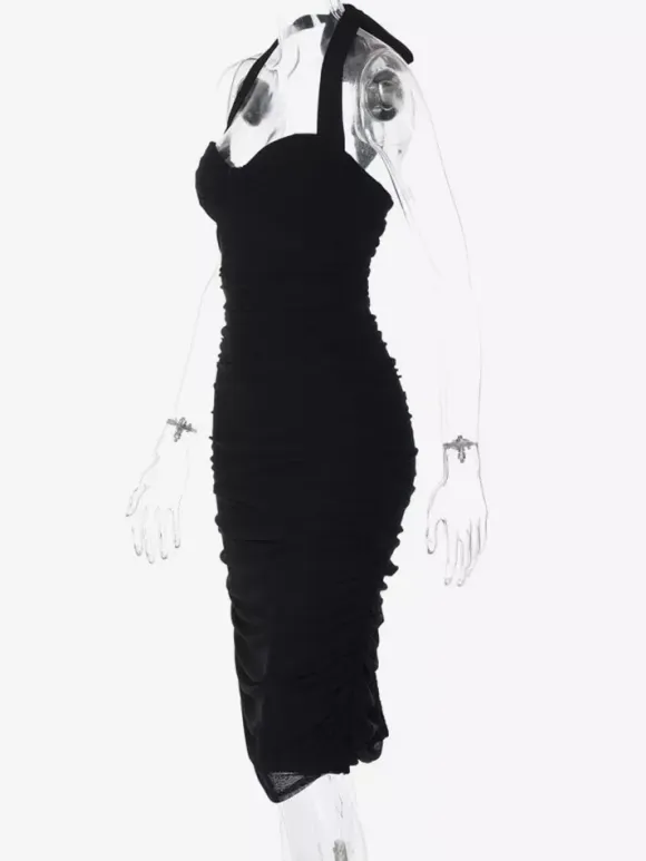 Party Dresses Black Halter Sweetheart Ruched Split Midi Dress Night Club City Outfit