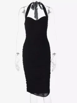 Party Dresses Black Halter Sweetheart Ruched Split Midi Dress Night Club City Outfit