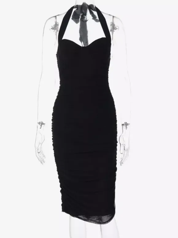 Party Dresses Black Halter Sweetheart Ruched Split Midi Dress Night Club City Outfit