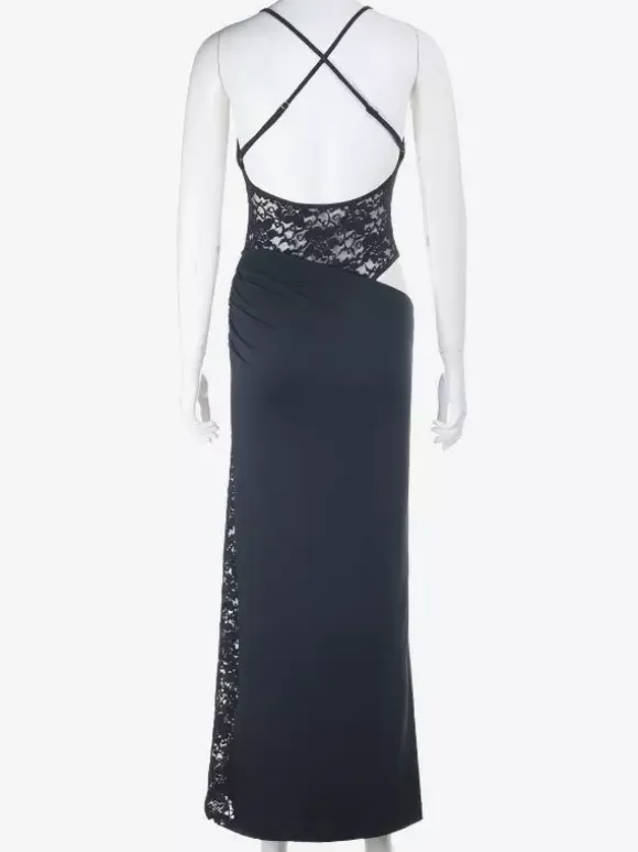 Party Dresses Black Lace Cutout Spaghetti Strap Maxi Dress Side Hollow Slit Back Cross Straps Mermaid Party Gown