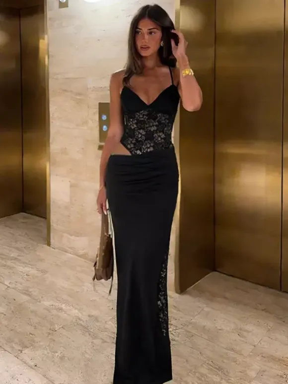 Party Dresses Black Lace Cutout Spaghetti Strap Maxi Dress Side Hollow Slit Back Cross Straps Mermaid Party Gown