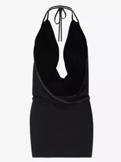 Party Dresses Black Rivet Trim Halter Open Back Bodycon Mini Dress Nightclub Party Outfit