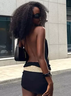 Party Dresses Black Rivet Trim Halter Open Back Bodycon Mini Dress Nightclub Party Outfit