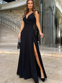 Party Dresses Black V-Neck Lace Up Sleeveless High-slit Semi Formal Dress