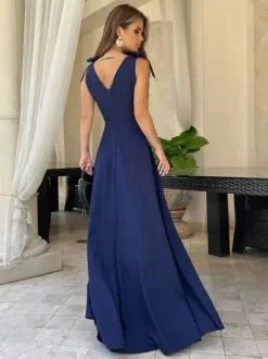 Party Dresses Black V-Neck Lace Up Sleeveless High-slit Semi Formal Dress