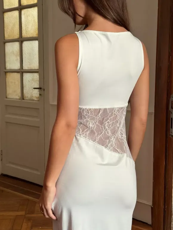 Party Dresses Black White Waist Lace Cutout Sleeveless Bodycon Midi Evening Dress