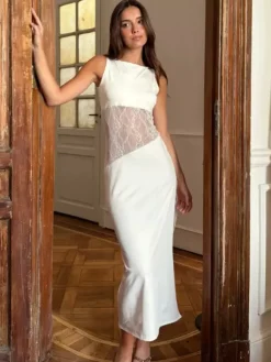Party Dresses Black White Waist Lace Cutout Sleeveless Bodycon Midi Evening Dress